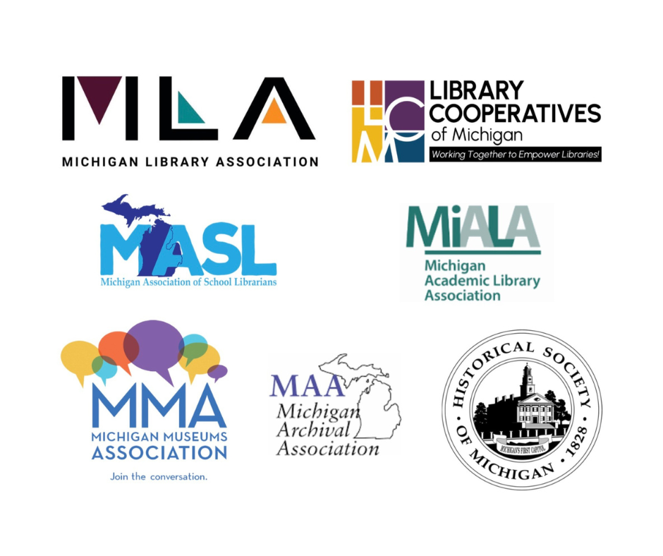 logos of MLA, MIALA, Library Cooperatives of MI, MASL, MMA, MHS